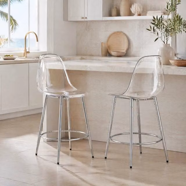 Set di 2 sgabelli da bar moderni MIVRAY trasparenti con gambe in metallo argento, altezza seduta: 66 cm