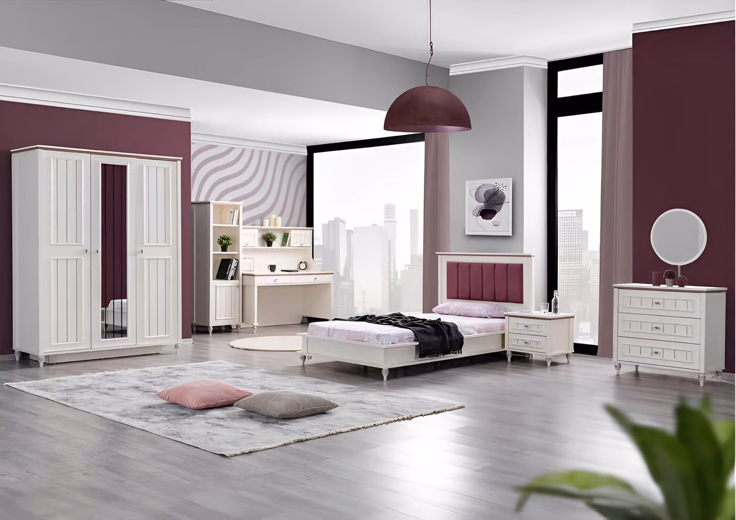 Set moderno per la camera da letto, composto da letto, armadio, comò da trucco e scrivania