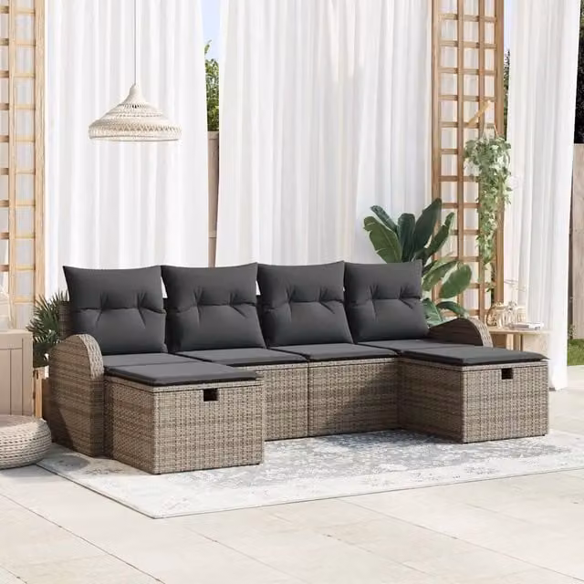 Set di divani da giardino a forma di L vidaXL in rattan e metallo grigio con cuscini inclusi – 1