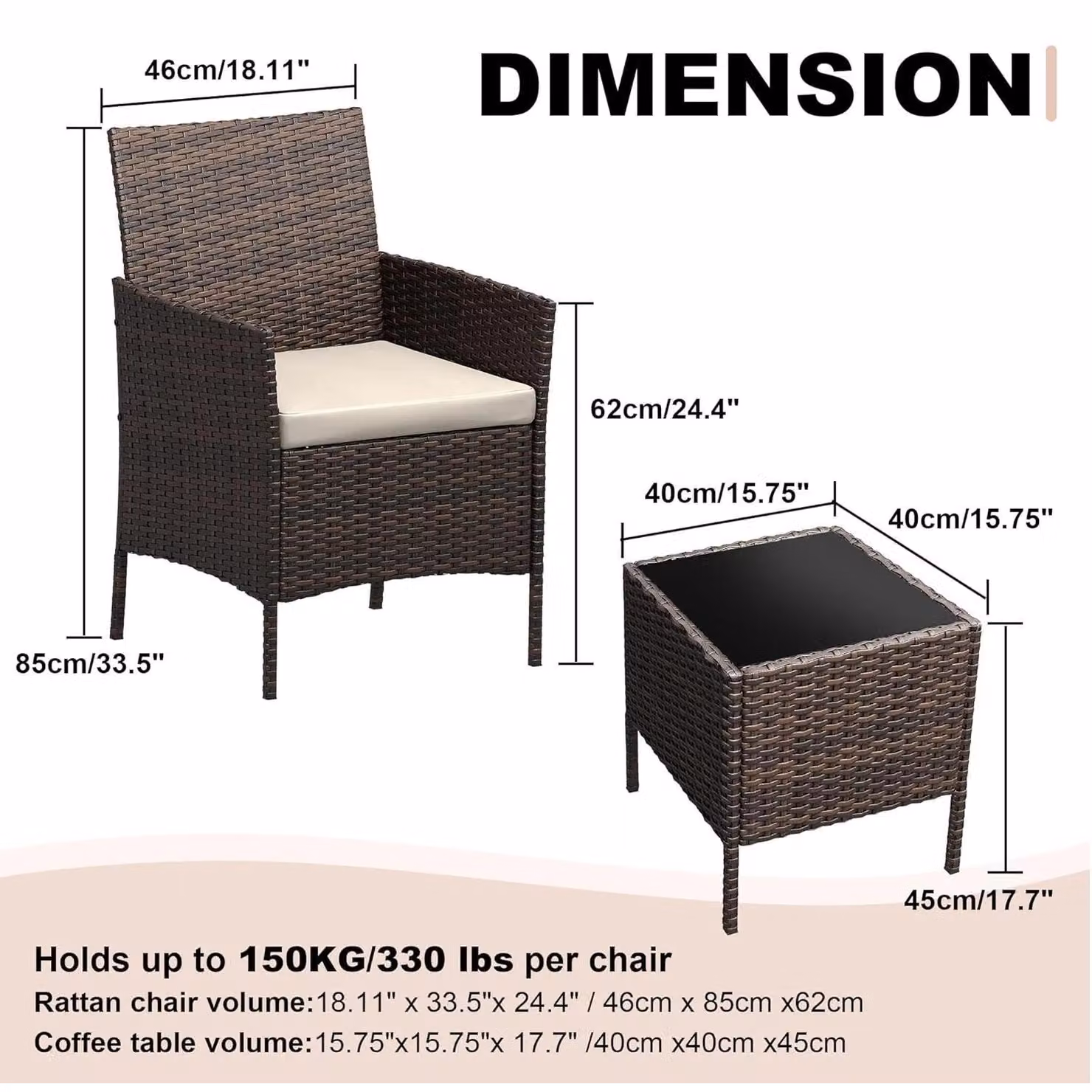 Set di mobili da giardino - Set lounge da 3 pezzi - Realizzato in rattan sintetico (PE) - 2 poltrone con cuscini - Tavolino in vetro - Adatto per terrazza, balcone e giardino - Colore: marrone beige