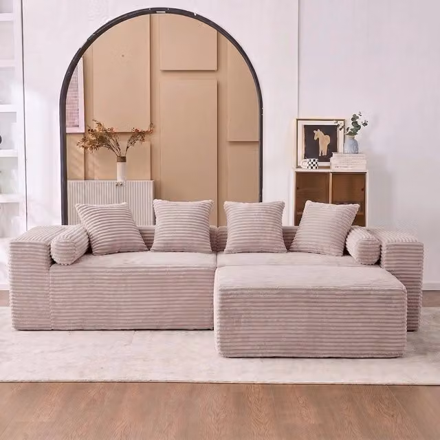 Divano angolare ¨C Minimal ¨C beige, tessuto chenille, con cuscini morbidi, senza installazione