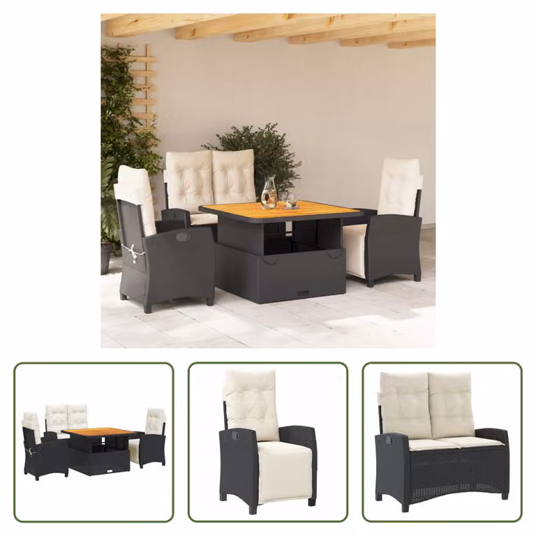 The Living Store Set da pranzo da giardino 4 pezzi con cuscini in poly rattan nero