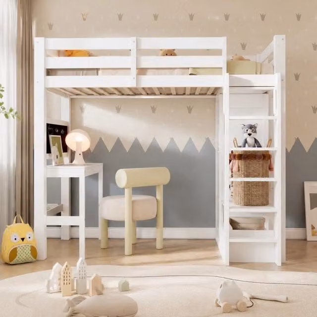 Letto alto 90x200 cm con scrivania, guardaroba aperto e lavagna in pino, MDF e compensato bianco