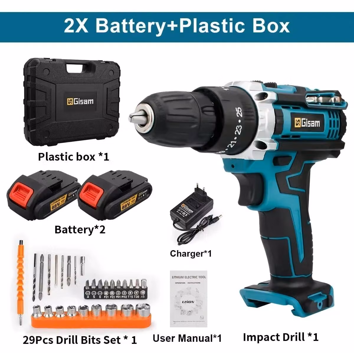 Trapano avvitatore a batteria - 21V - Batteria agli ioni di litio - Coppia di serraggio di 28 Nm - 1600 giri/min - 25+3 livelli di coppia - custodia in plastica blu