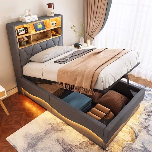 Letto bambino-Xylo-90x200 cm-LED app, USB, metallo, lino grigio