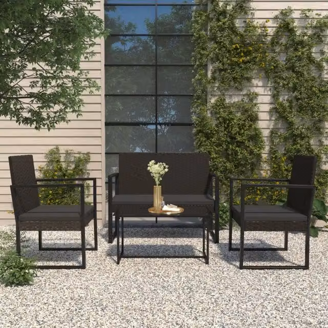 Set da giardino vidaXL composto da 2 divani da esterno, 1 tavolino da caffè e 1 poltrona con cuscini in tessuto nero e struttura in rattan e metallo – 1
