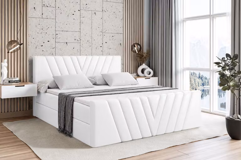 Letto boxspring ALTDECOR con pediera, materasso H4 e topper - 180x200 cm - ERNINA-Z - Pelle finta bianca - Letto imbottito con contenitore e rete a doghe, letto con spazio contenitivo