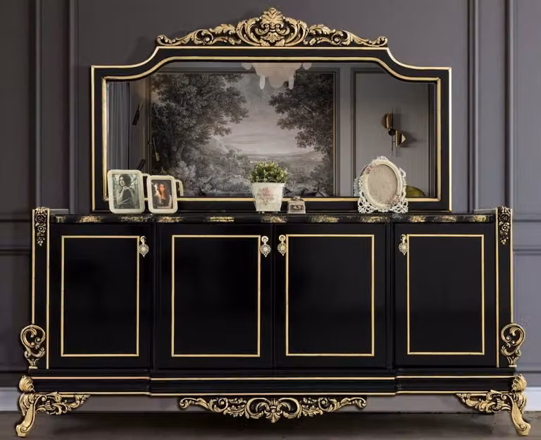 Casa Padrino set di mobili barocchi nero/oro - 1 credenza con 4 ante e 1 specchio - Nobili mobili barocchi - Nobili e magnifici
