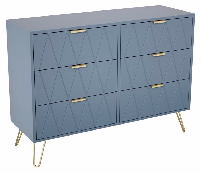 Comodino con 6 cassetti, dimensioni 100x34x73 cm. Mobile contenitore, mobiletto, portaoggetti, stretto, color grigio-blu