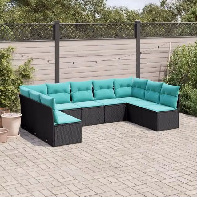 Set Divani da Giardino 9 pz con Cuscini Nero in Polyrattan 3218067