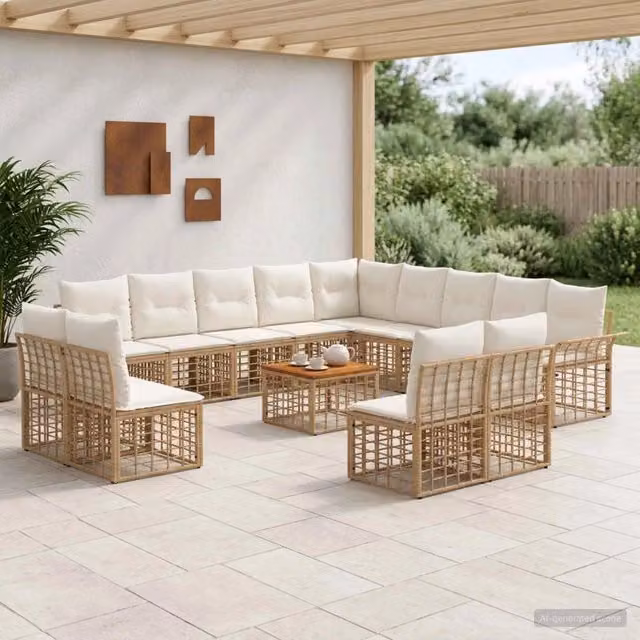 Set di divani da esterno vidaXL a forma di U con 14 pezzi per 13 posti, colore beige, bianco e marrone, con struttura in metallo e cuscini inclusi per giardino e terrazza