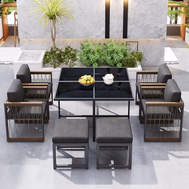 Set da pranzo esterno 7 pezzi per 6 persone, tavolo in vetro temperato con braccioli in plastica e legno, ideale per giardino e terrazza
