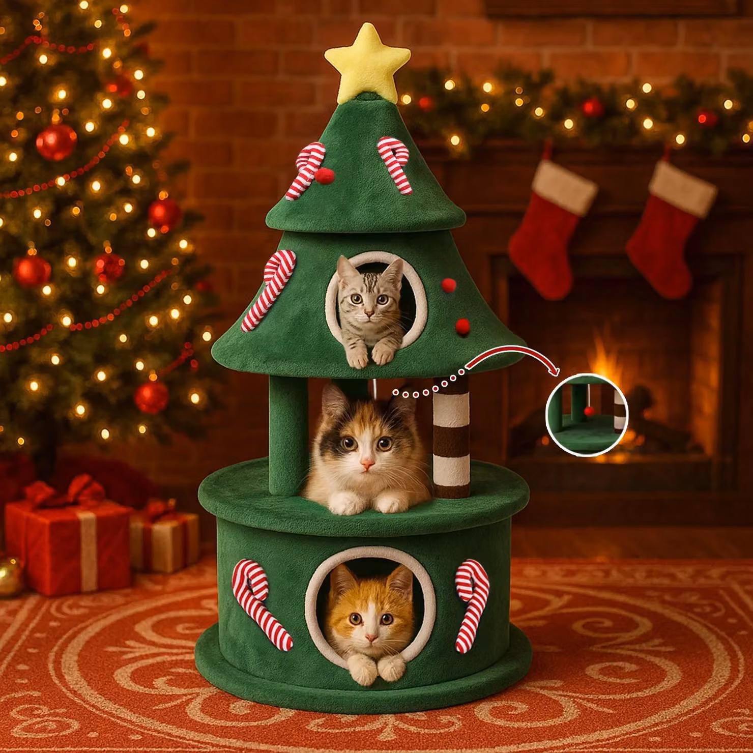 Albero da arrampicata per gatti - Tiragraffi con casetta - Design albero di Natale - 2 livelli - Colonne da graffiare - Pallina - Legno - Verde chiaro