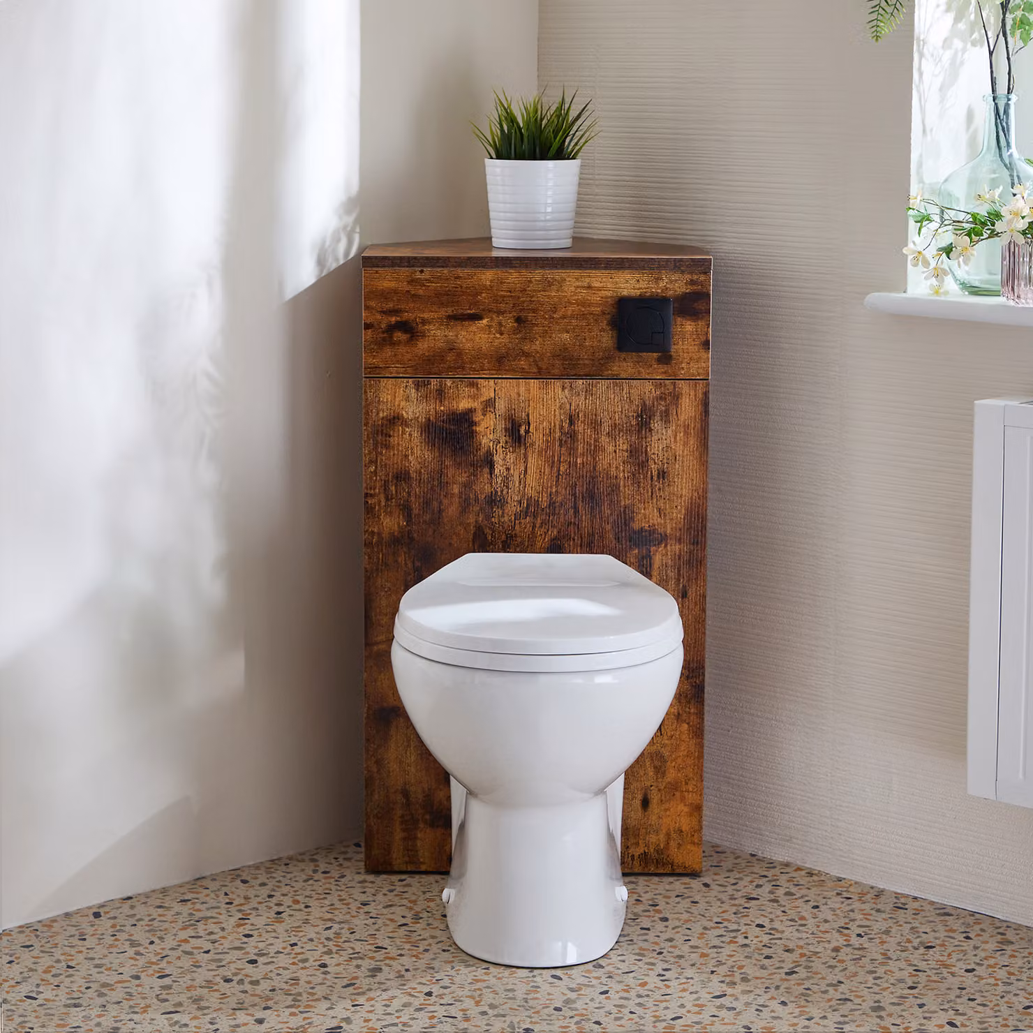 Unità WC Angolare in Rovere Scuro con Sanitario a Filo Muro Select e Pulsante di Scarico Nero - Cluo