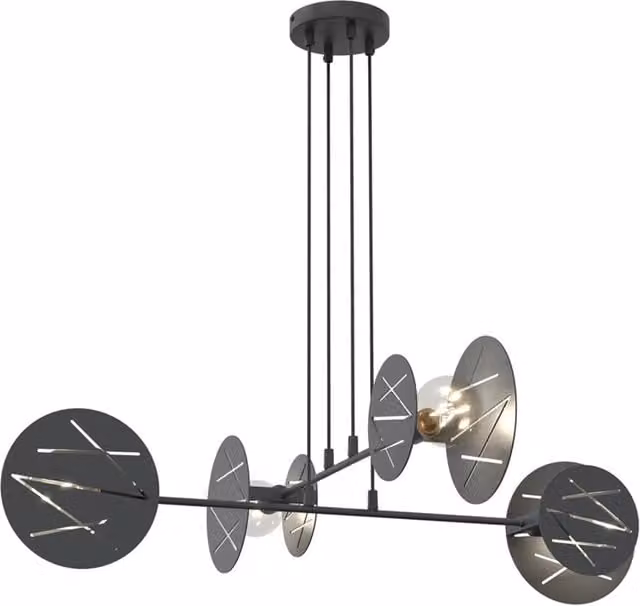 Lampadario 4 Luci Amon-Ra Acciaio Nero A Bracci E Diffusori A Cerchio