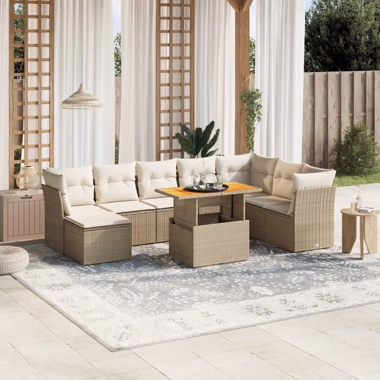 vidaXL Set Divano da Giardino 9 pz a Forma di L in Polyrattan con Cuscini Beige e Tavolino, Resistente ai Raggi UV