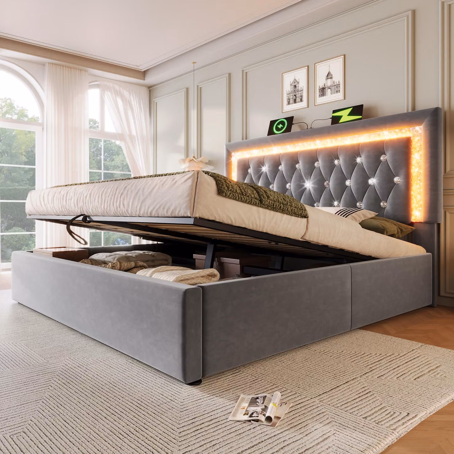 okwish letto imbottito 140x200 letto per ragazzi letto matrimoniale con striscia luminosa a LED e presa USB, letto per bambini struttura letto con rete, struttura letto con rete a doghe, grigio (senza materasso)