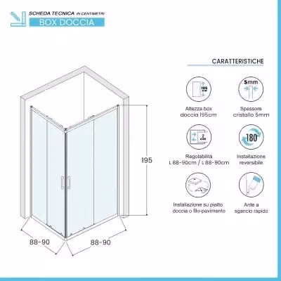 Box doccia angolare Tay con doppio sistema scorrevole e vetro stampato, L/P/H: 90 x 90 x 195 cm – 2