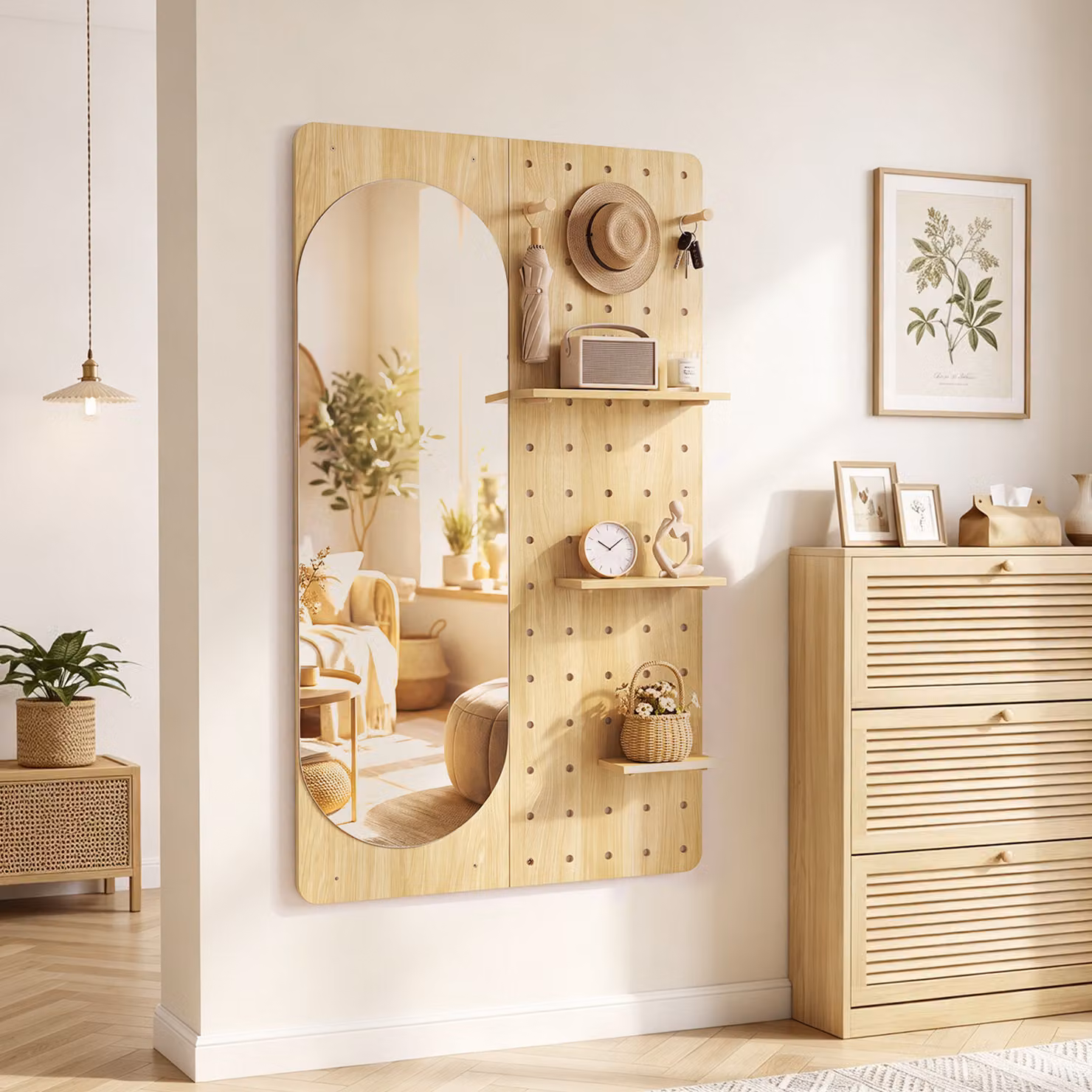 Specchio da parete a figura intera Costway con pannello forato in legno e metallo per soggiorno e ingresso, stile scandinavo, marrone e beige