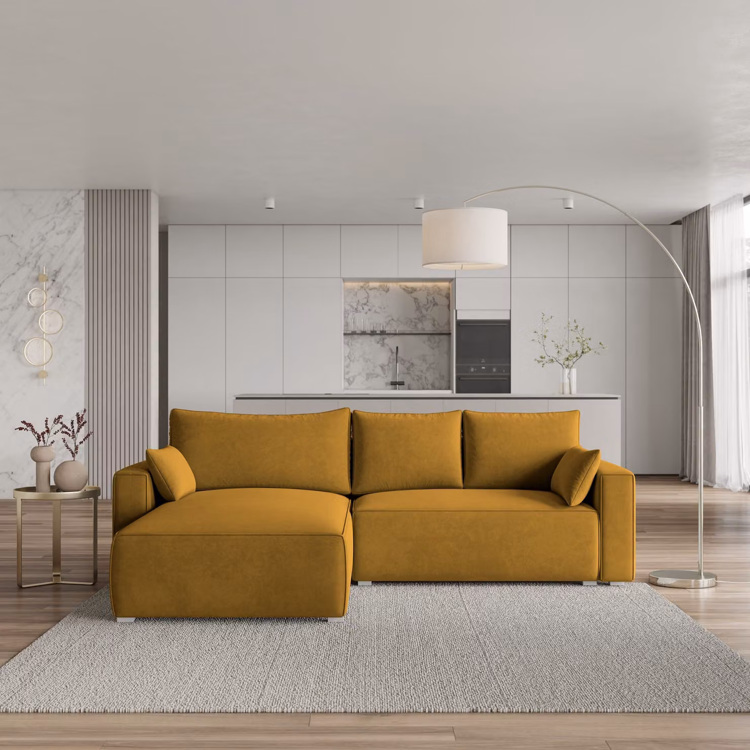 Divano angolare Masseno FORIL con funzione letto a L, divano con box letto, divano da soggiorno, divano, divano, divano letto, set di divani - giallo, MONOLITH 48