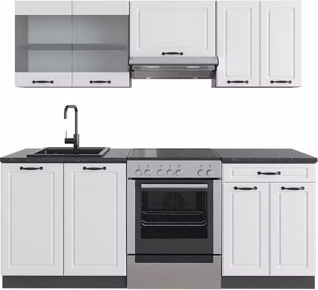 Cucina componibile R-Line Vicco in stile country house, Bianco rustico e Antracite, L: 200 cm