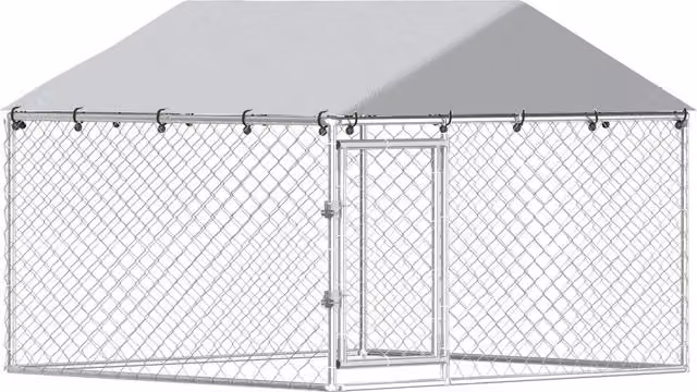 Recinto per Cani da Esterno 200x200x150 cm con Tetto in PE Anti-UV Impermeabile in Acciaio Zincato Argento