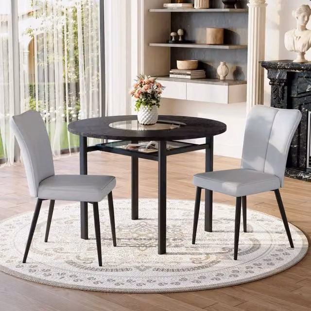 Set da pranzo Mivray composto da tavolo rotondo nero in MDF con inserto in vetro e 2 sedie grigie in PU per cucina o soggiorno – 1