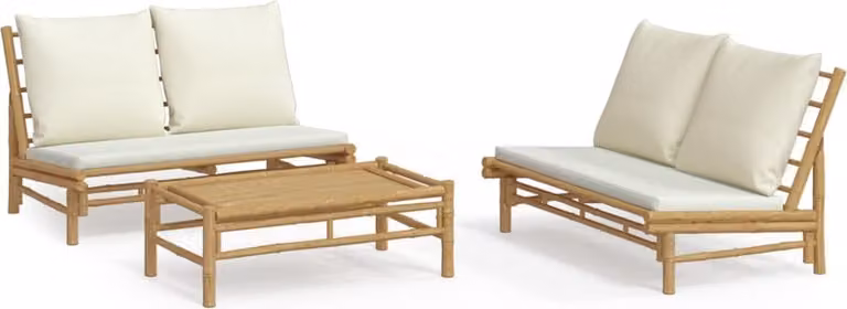 Set Salotto da Giardino 3pz con Cuscini Bianco Crema in Bambù