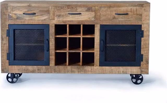 Credenza in legno di mango grezzo e metallo con 2 ante e 3 cassetti stile industriale Giner y Colomer colore marrone e nero