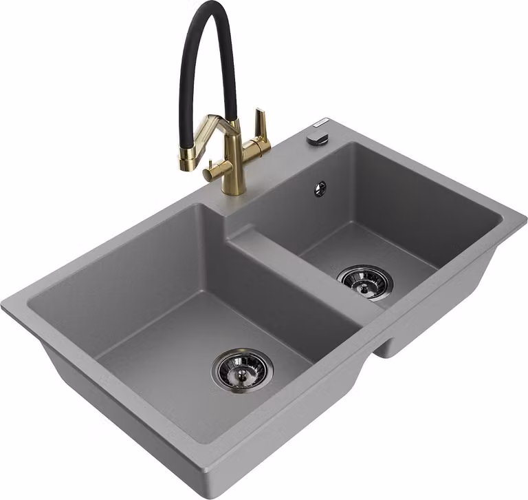 Mexen Tomas lavello da cucina in granito a 2 vasche con miscelatore Duo, grigio - 6516-71-671701-57-B