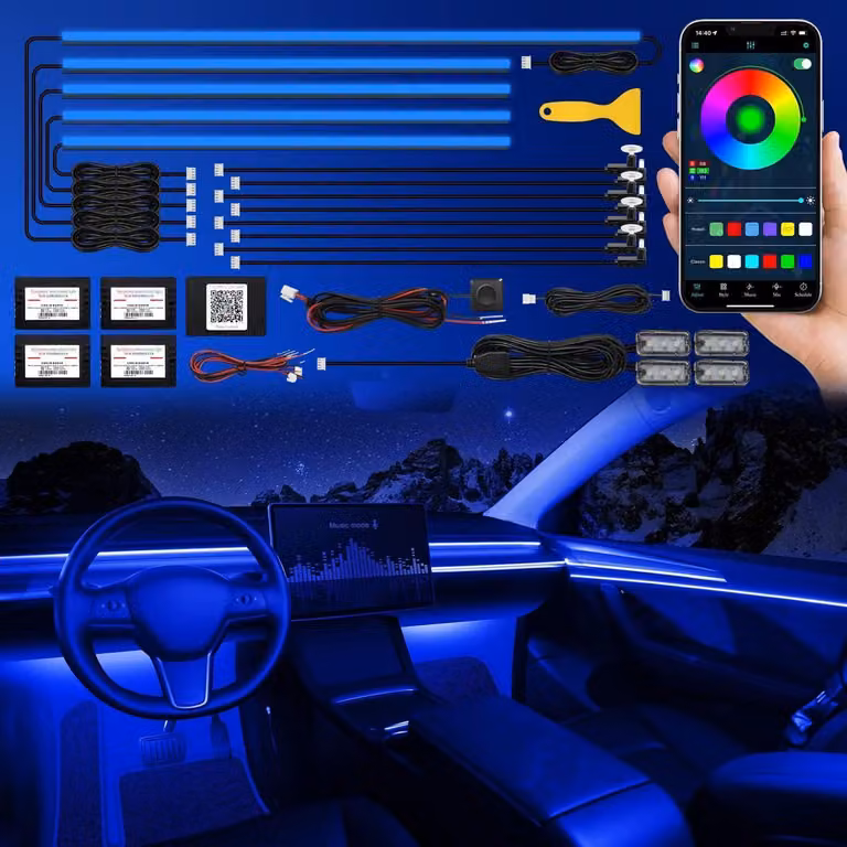 Illuminazione interna per auto a LED, controllabile tramite app, RGB 18in1, 175 pollici, 593 LED, luce ambientale, con controllo musicale