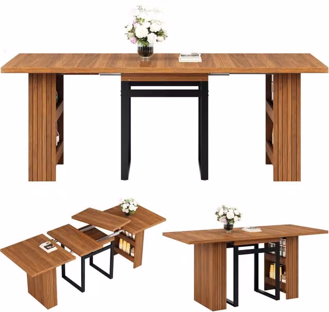 Tavolo da pranzo allungabile da 120 a 160 cm con contenitore nascosto; effetto legno marrone