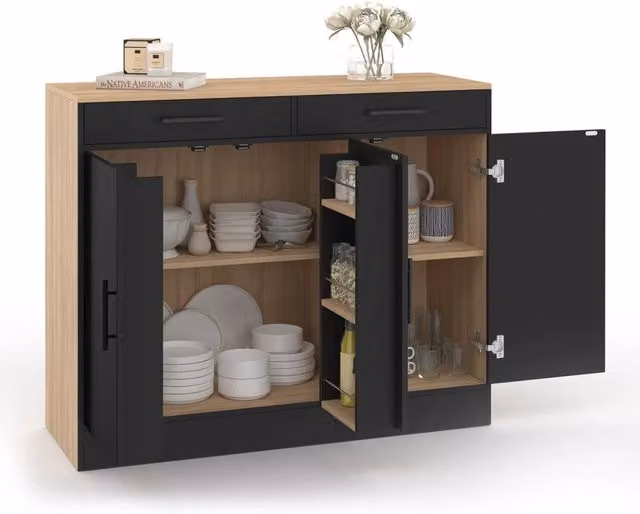 Cassettiera bassa IDMarket con contenitori effetto faggio e nero L: 110 cm, H: 90 cm, P: 40 cm