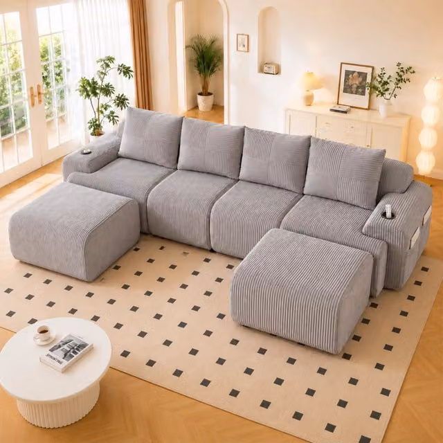 Divano modulare 4 posti 333 cm con 2 pouf in velluto a coste grigio chiaro per soggiorno