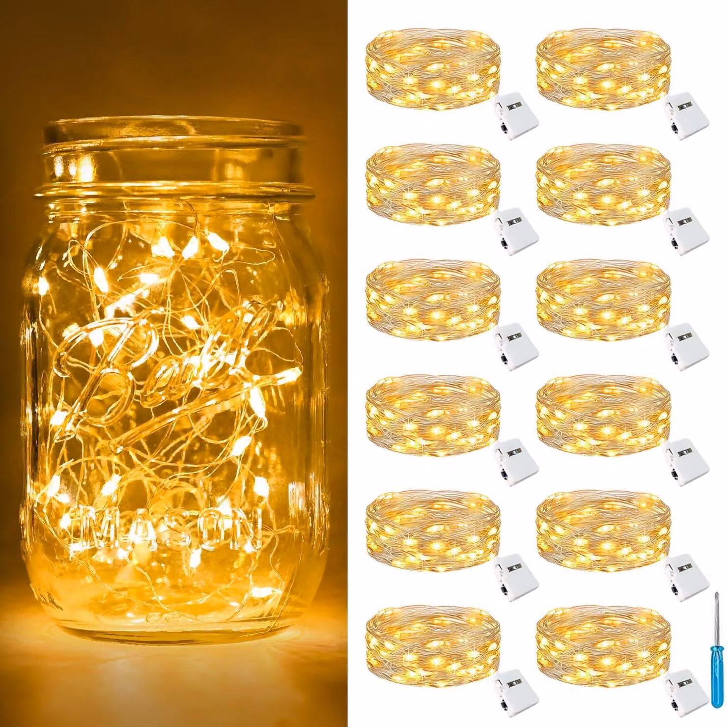 Catena luminosa a LED, set da 12, lunghezza 2 metri, 20 LED, luce bianco caldo, 3 modalità