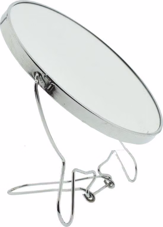 Specchio da trucco cromato argentato rotondo su supporto - 13 cm
