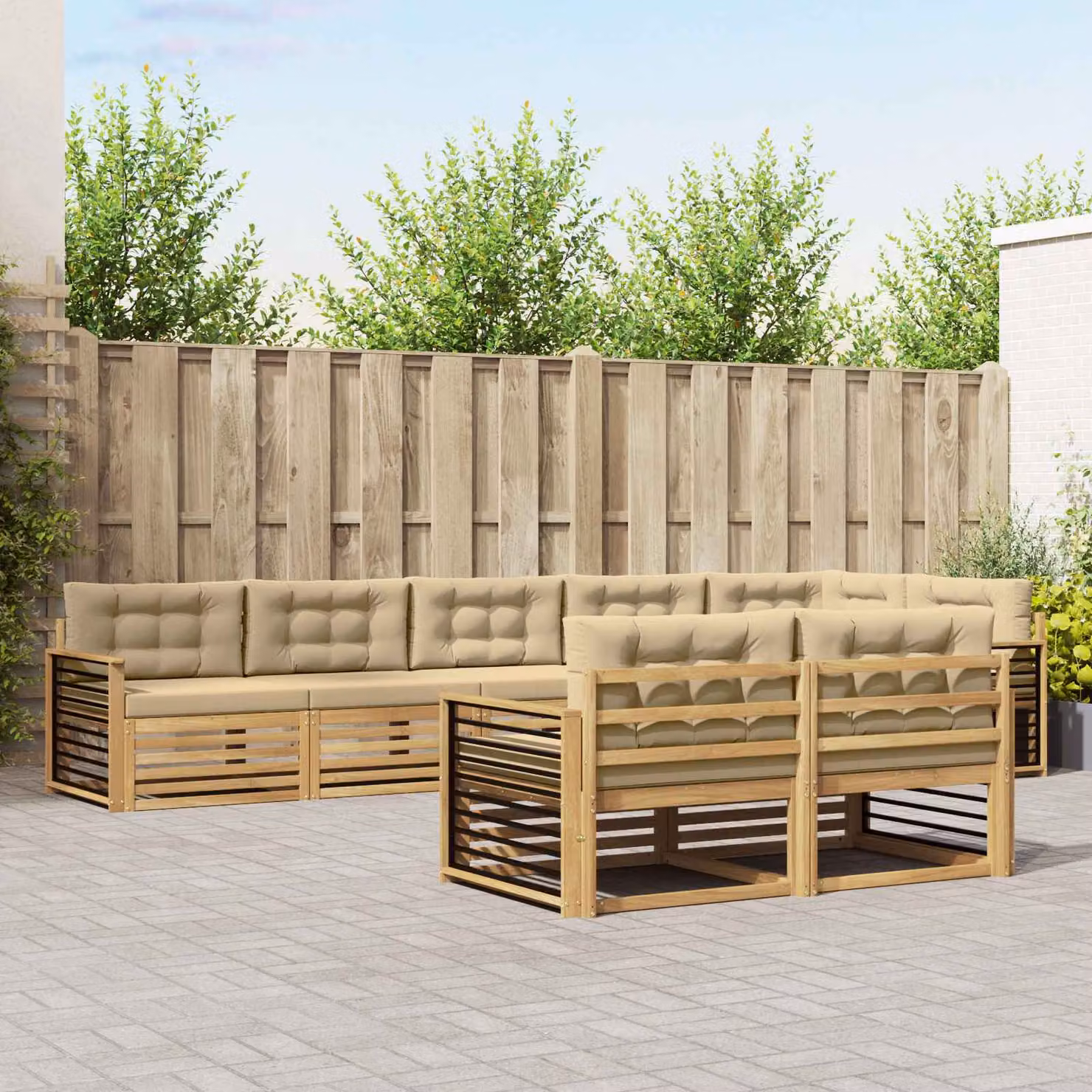 Set di divani da esterno a L vidaXL 8 pz in legno di acacia con cuscini Bianco e Beige