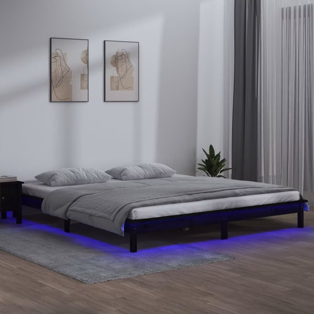 The Living Store Letto in legno massiccio con LED nero 120x190 cm