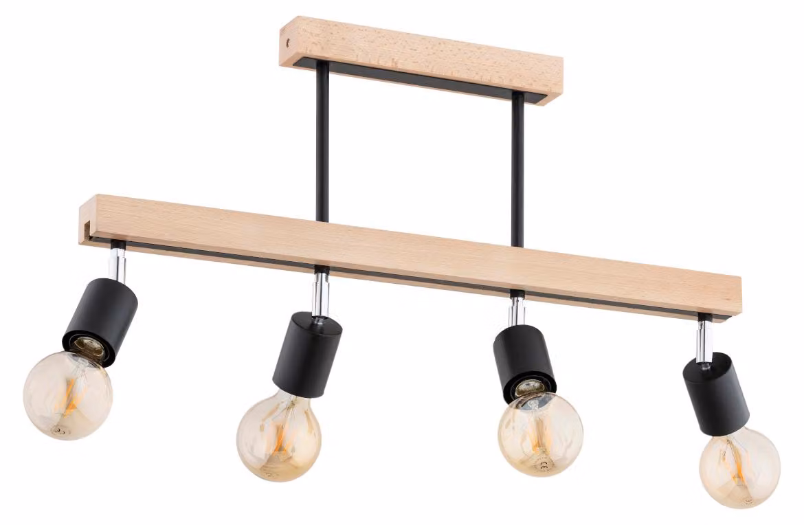 Lampada da soffitto PILO in legno chiaro e nero, 4xE27x15W, legno, dimensioni: 36x66x5 cm, IP20, Alfa