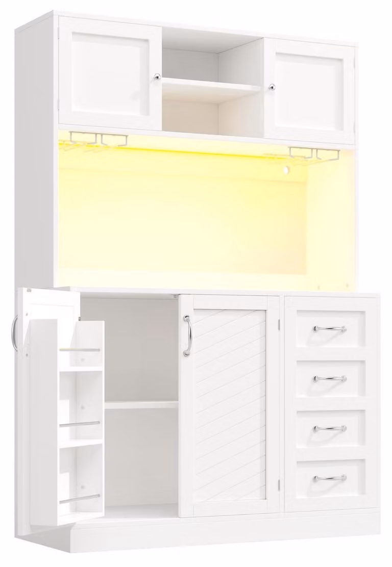 Mobiletto da cucina/credenza, 120x40x188 cm, bianco, con ripiano per snack e portabicchieri, 4 ante e 2 cassetti
