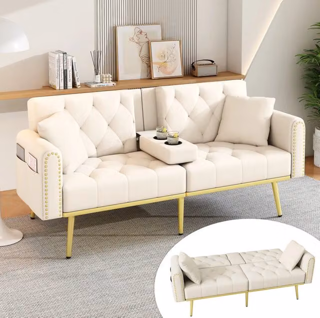 Divano letto in velluto beige con schienale reclinabile a 3 posizioni; 175 cm