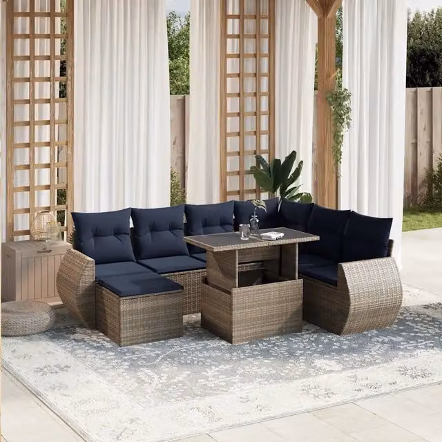 Set da giardino moderno vidaXL composto da 8 pezzi con divani a L, pouf e tavolino da caffè in rattan con cuscini blu e grigi