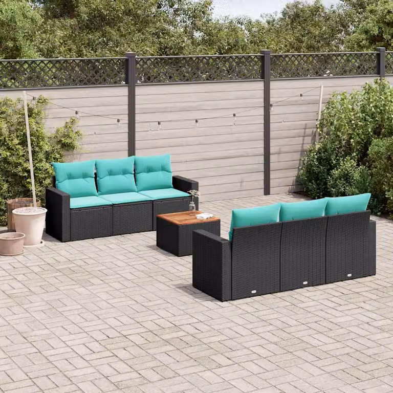 Set da giardino vidaXL in polyrattan nero composto da 7 pezzi con cuscini inclusi e design a L per esterno