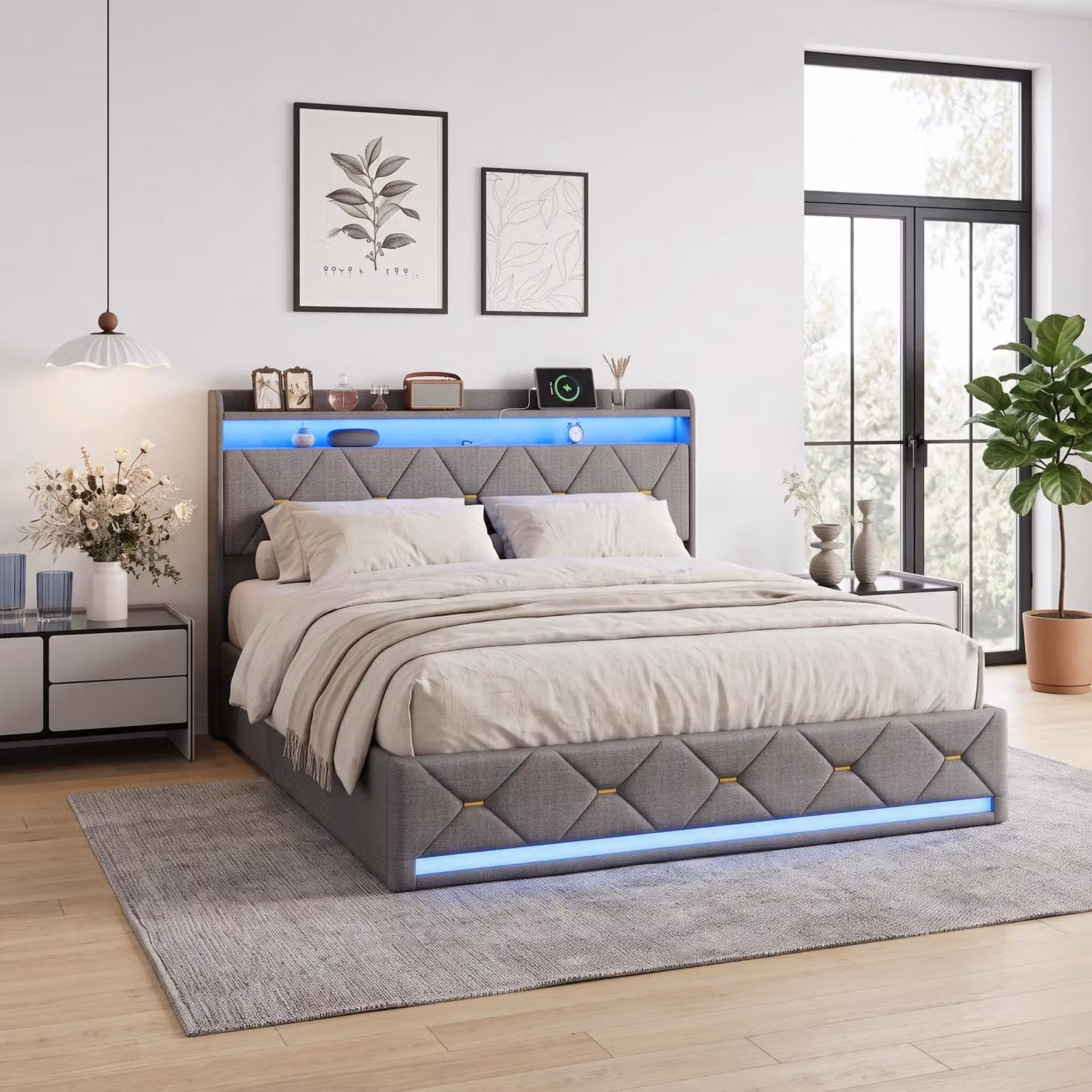 Letto con boxspring 140x200 cm con LED e caricabatterie USB, letto contenitore con cassone, letto imbottito con sistema di sollevamento idraulico, contenitore/rete, lino, grigio