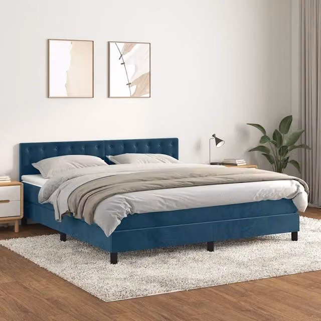 Letto Ibrido vidaXL con Giroletto a Molle e Materasso in Velluto Blu e Bianco L/P: 160 x 200 cm