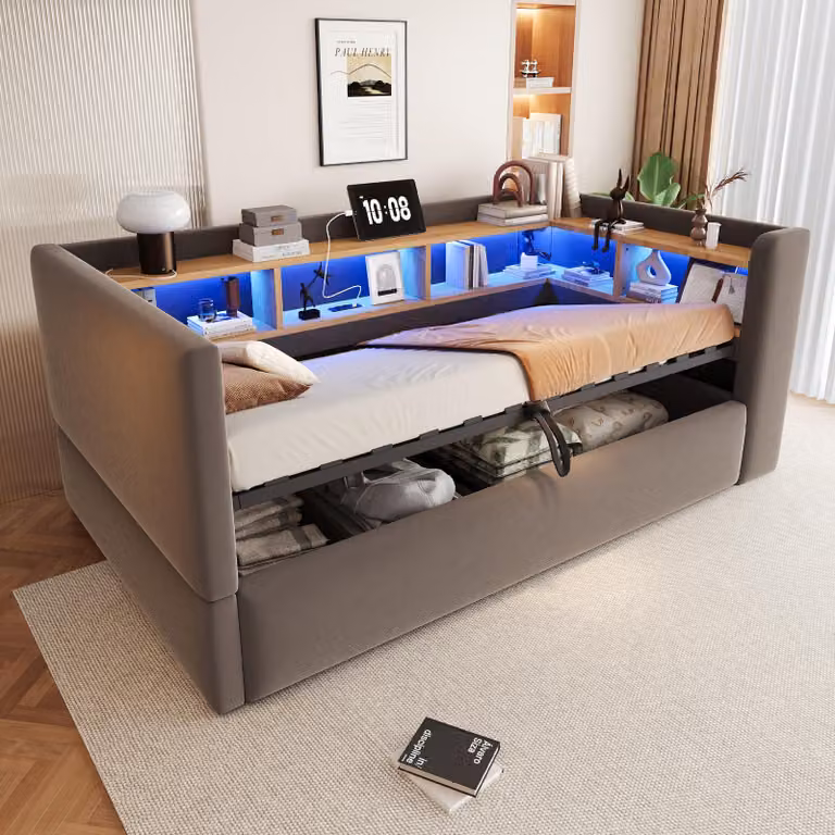 Divano letto Flieks 90x190 cm con spazio contenitore idraulico, divano letto per il giorno, con rivestimento in ecopelle, letto imbottito per ragazzi con funzione contenitore, letto con spazio contenitore, in velluto, colore grigio