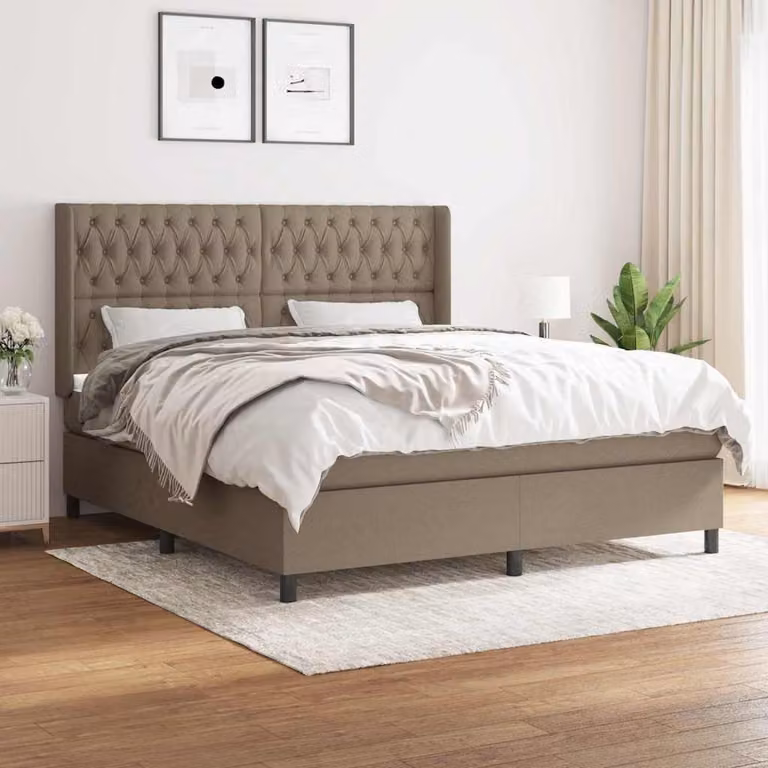vidaXL Letto Ibrido con Giroletto a Molle e Materasso in Tessuto Beige e Bianco, L/P/H: 183 x 203 x 128 cm