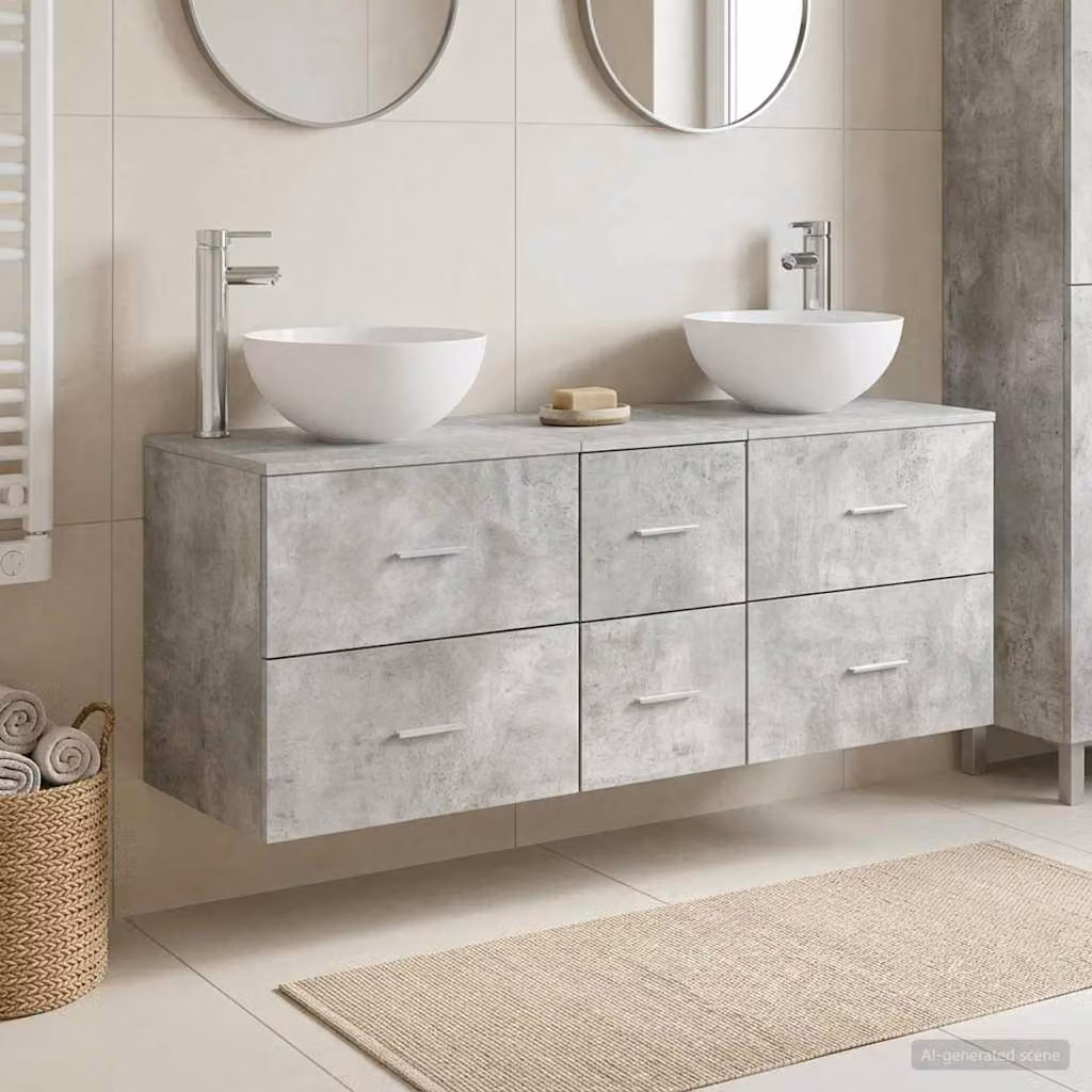 Set di mobili da bagno moderni vidaXL in legno grigio opaco, composto da 3 pezzi con cassetti e ante, L/P/H: 129 x 35 x 80 cm