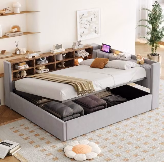 Letto Contenitore Multifunzionale 140x200 cm in Tessuto Vellutato Grigio Chiaro con Luci Notturne e Porte USB/Type-C