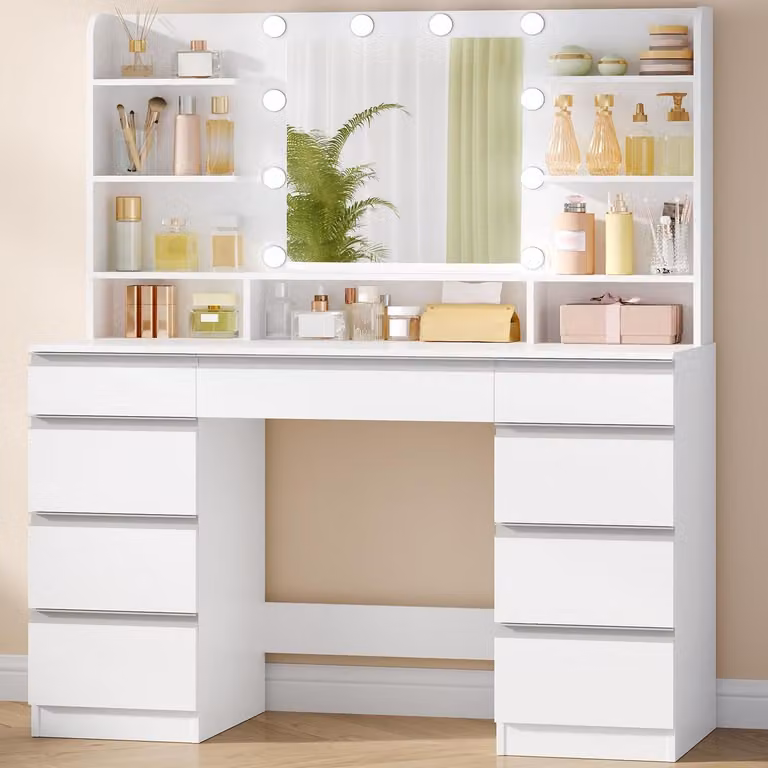 Comò da trucco con illuminazione a LED, 3 tonalità di luce, dimmerabile, 9 cassetti, bianco e argento